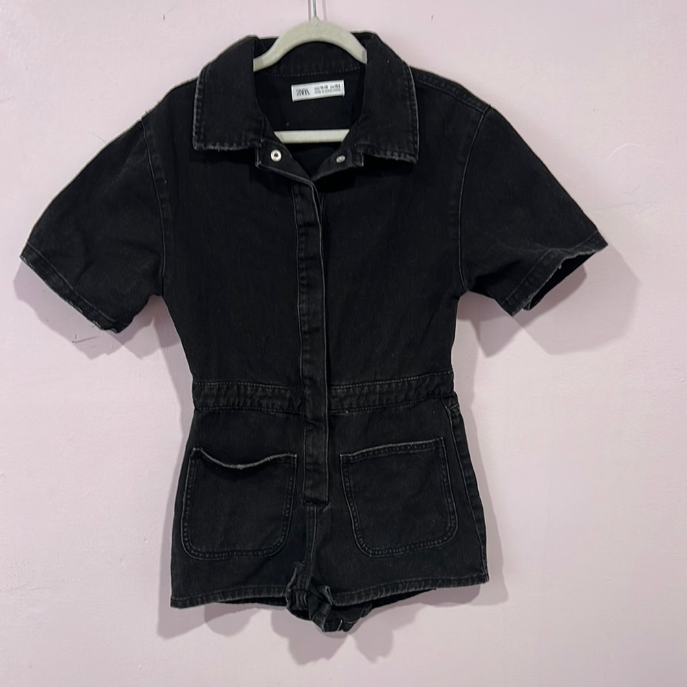 Black Denim Short Sleeve Romper